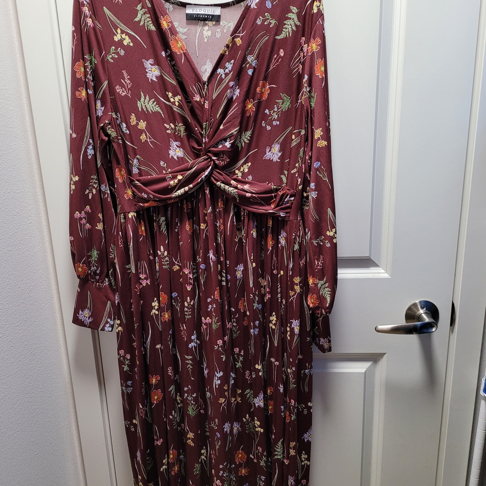 Eloquii Maroon Floral Long Sleeve Dress